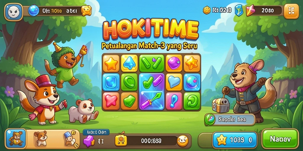 Tangkapan layar HOKITIME yang menunjukkan gameplay Match-3 yang seru.