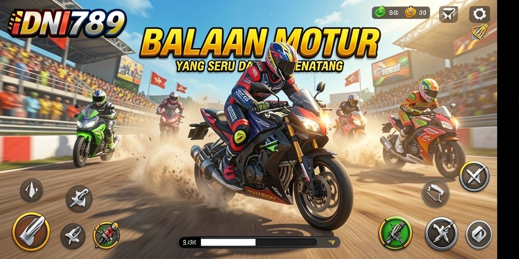 Screenshot gameplay IDN789 menampilkan aksi balapan motor yang mendebarkan.
