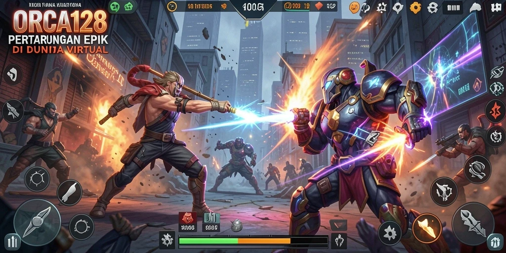 Screenshot gameplay ORCA128 dengan aksi pertarungan yang seru.