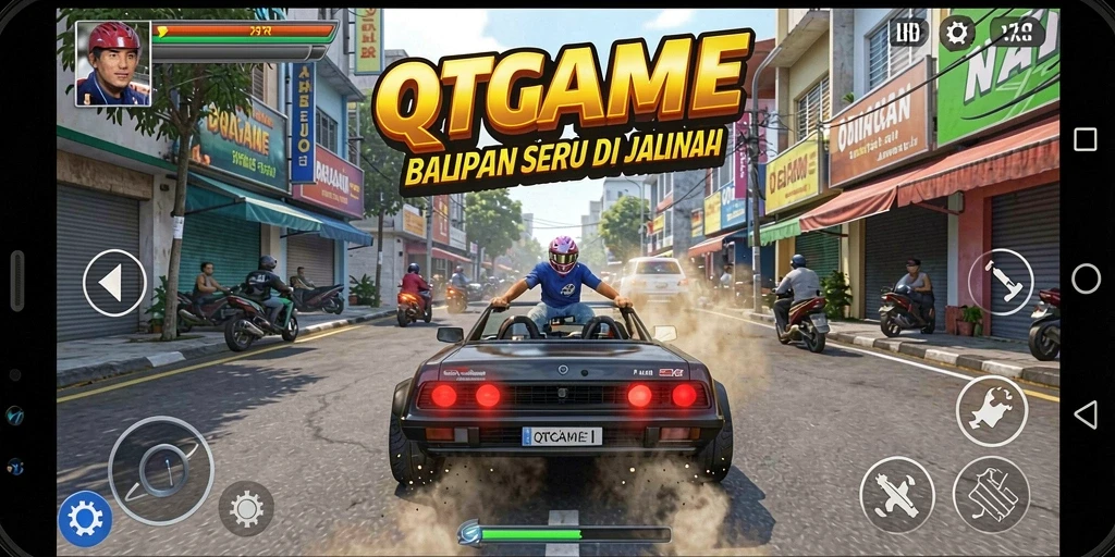Screenshot utama QTGAME menampilkan aksi balapan mendebarkan di trek.