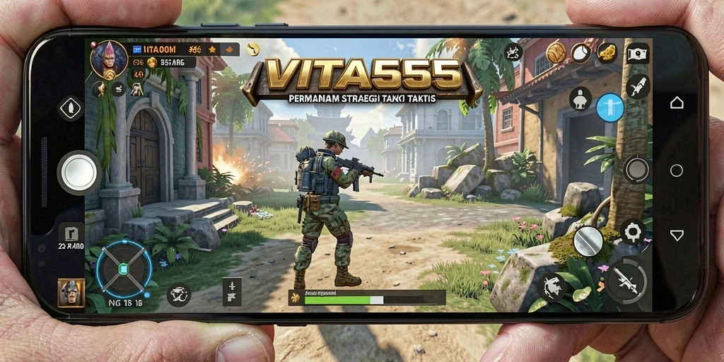 Screenshot utama VITA555 menampilkan aksi pertempuran taktis yang seru.